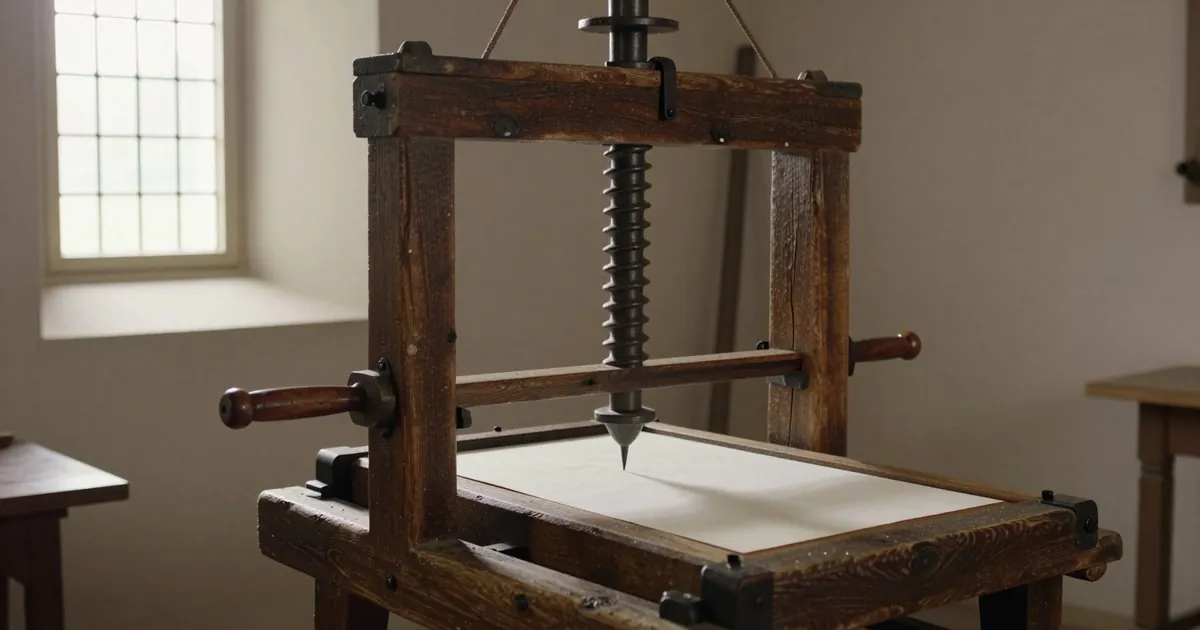 Oficina de tipografia antiga com uma prensa de madeira e folhas impressas a secar