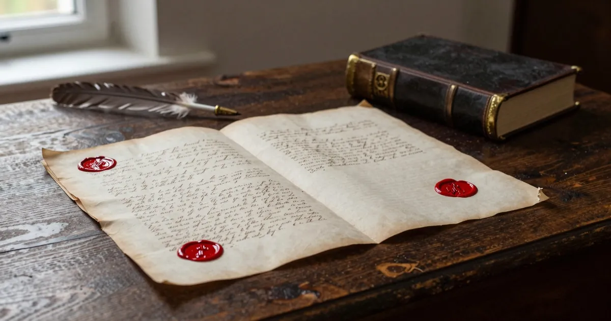 Documentos antigos com selos de lacre, uma pena de escrever e um livro encadernado em couro