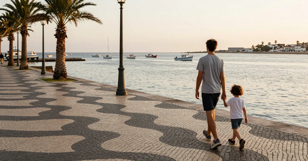 Passeio marítimo de Cascais com calçada portuguesa e barcos na baía ao fim da tarde