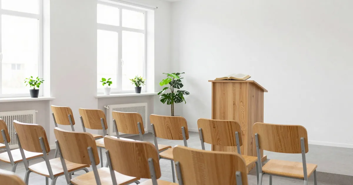 Sala de culto simples e luminosa, com cadeiras de madeira voltadas para um púlpito