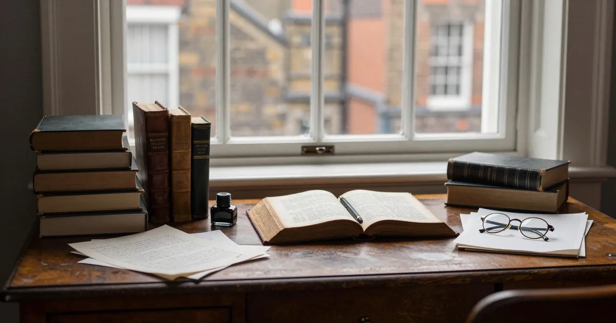 Secretária antiga com livros encadernados em couro, uma Bíblia aberta e notas de sermão