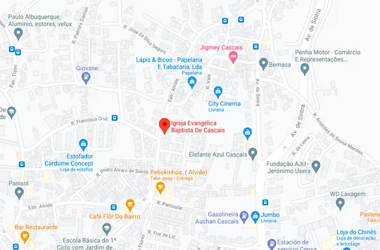 Mapa com a localização da Igreja Evangélica Baptista de Cascais, na Estrada de Alvide, em Alcabideche